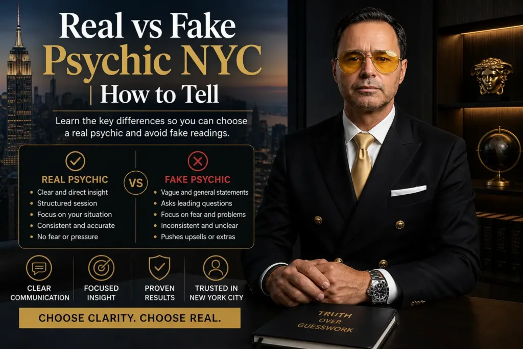 real vs fake psychic NYC professional office Manhattan skyline private consultation
